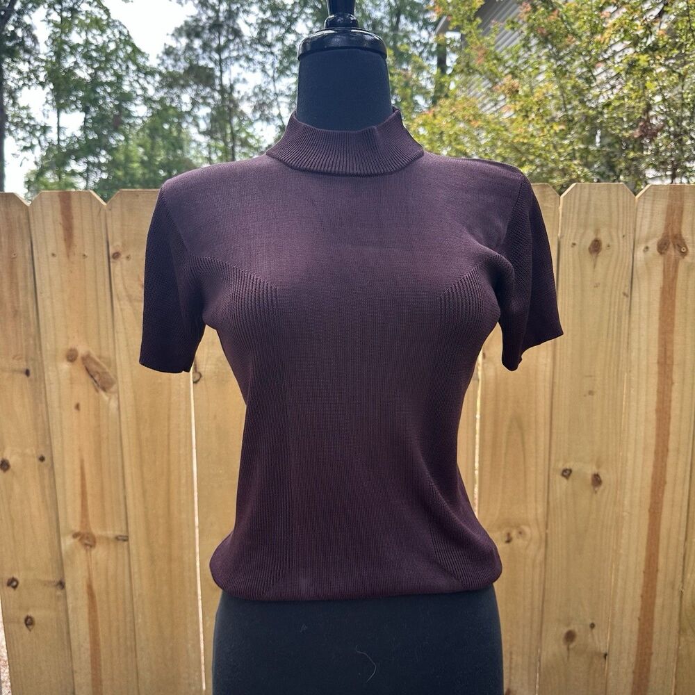 Vintage 100% Pure Silk Knit Blouse | Dark Aubergine Mock Neck Ribbed Sweater